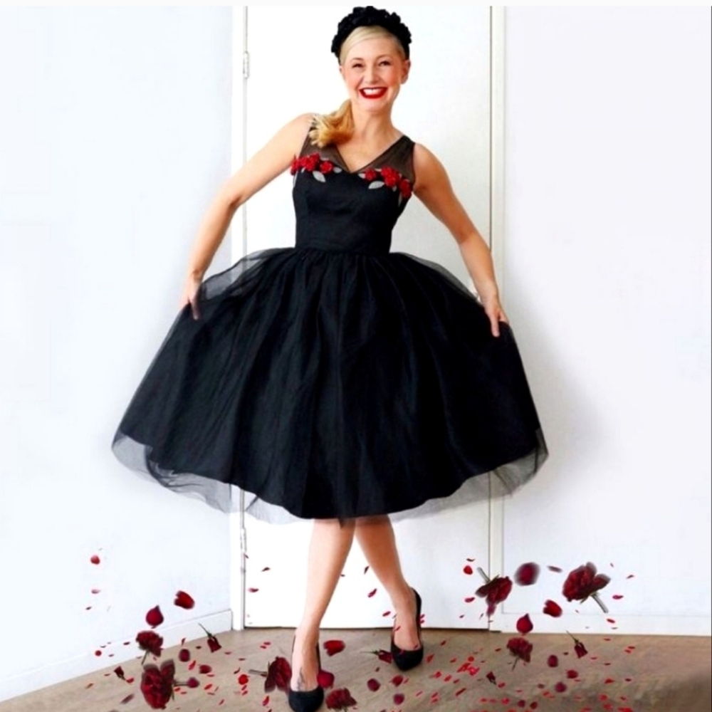 Collectif Black Tulle Dress With Red Roses